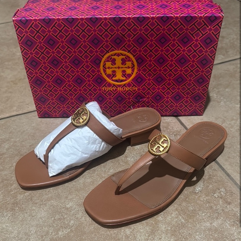 Tory Burch Tan Sandals with Gold Emblem